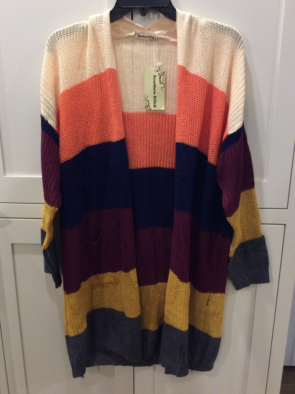 Southern Stitch Striped Open-Front Chunky Knit Cardigan - Cream, Coral & Navy